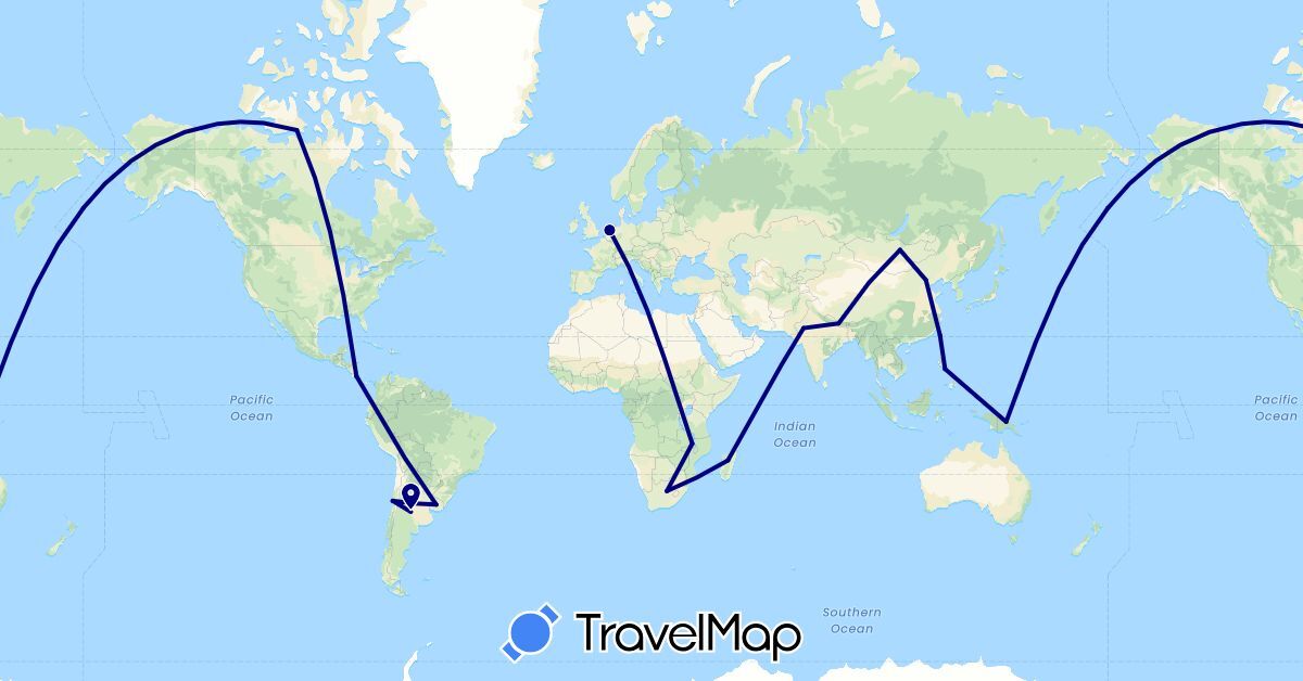 TravelMap itinerary: driving in Argentina, Canada, Chile, China, Costa Rica, India, Madagascar, Mongolia, Malawi, Netherlands, Nepal, Papua New Guinea, Philippines, Taiwan, Uruguay, South Africa (Africa, Asia, Europe, North America, Oceania, South America)